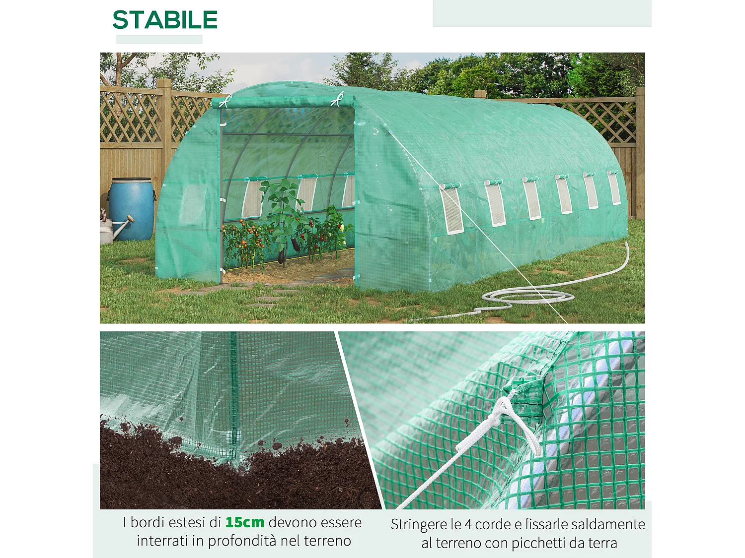 Serra da giardino a tunnel con rivestimento in plastica verde