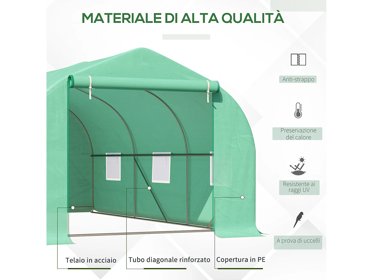 Serra per orto a tunnel 4.5x3x2m in acciaio e pe verde scuro