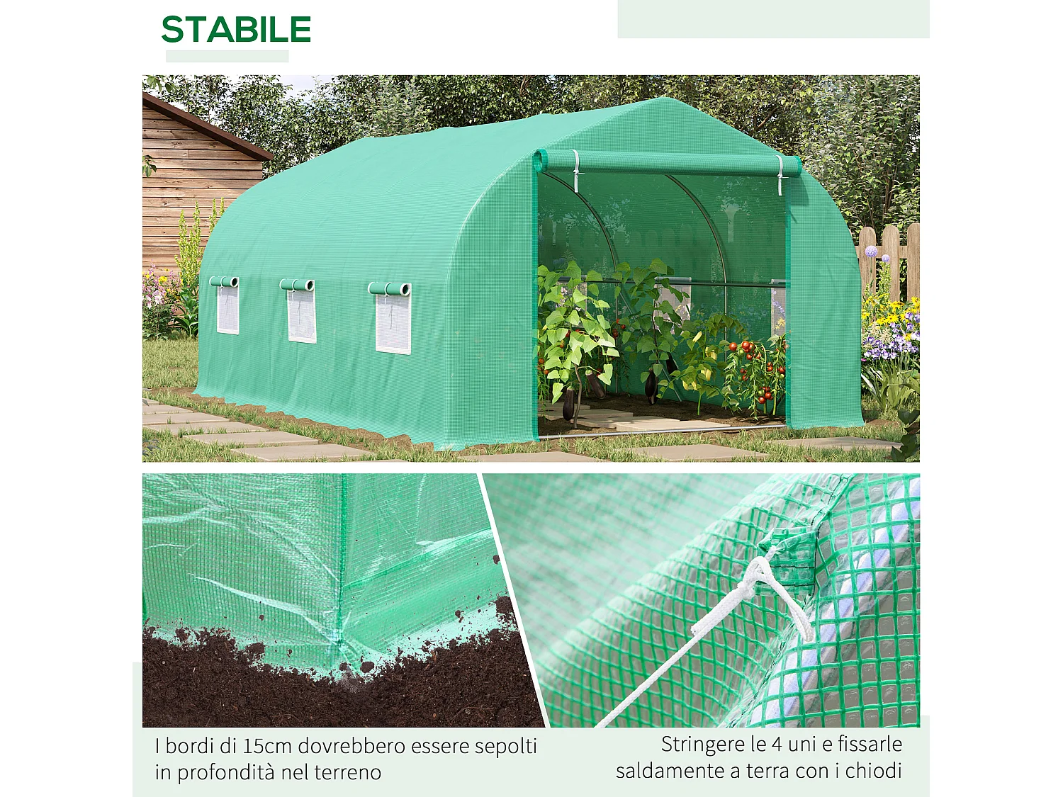 Serra per orto a tunnel 4.5x3x2m in acciaio e pe verde scuro