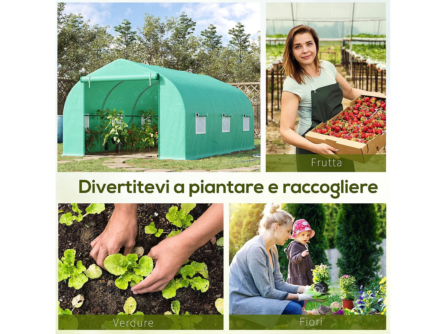 Serra per orto a tunnel 4.5x3x2m in acciaio e pe verde scuro