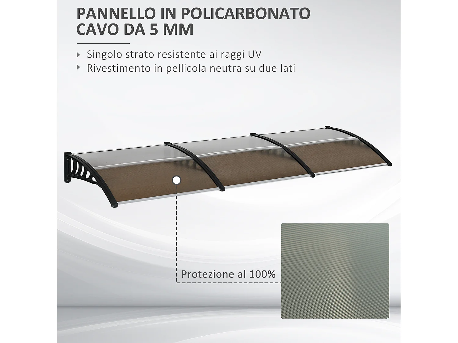 Pensilina da esterno in policarbonato 303x100x26cm marrone
