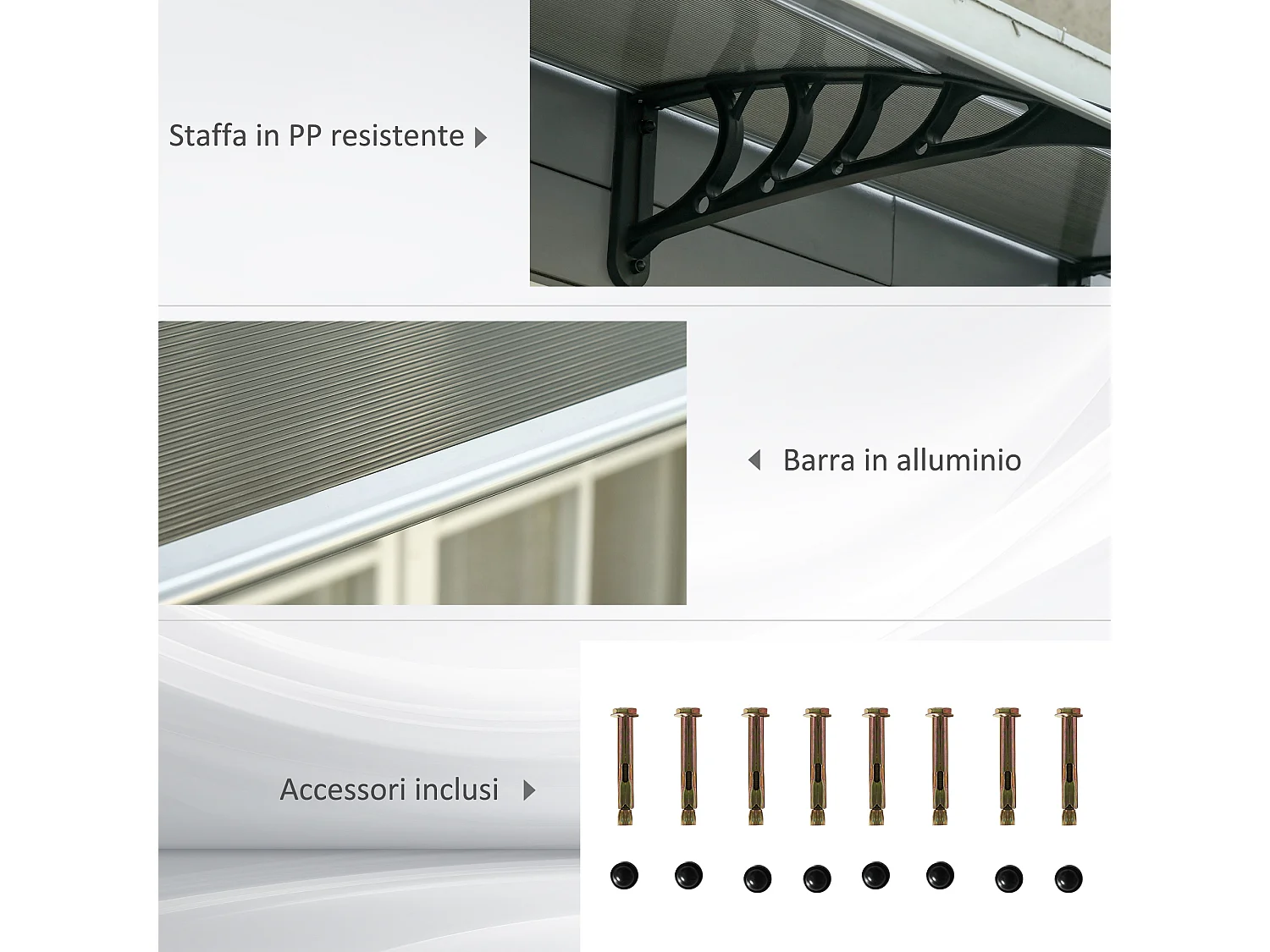 Pensilina da esterno in policarbonato 303x100x26cm marrone