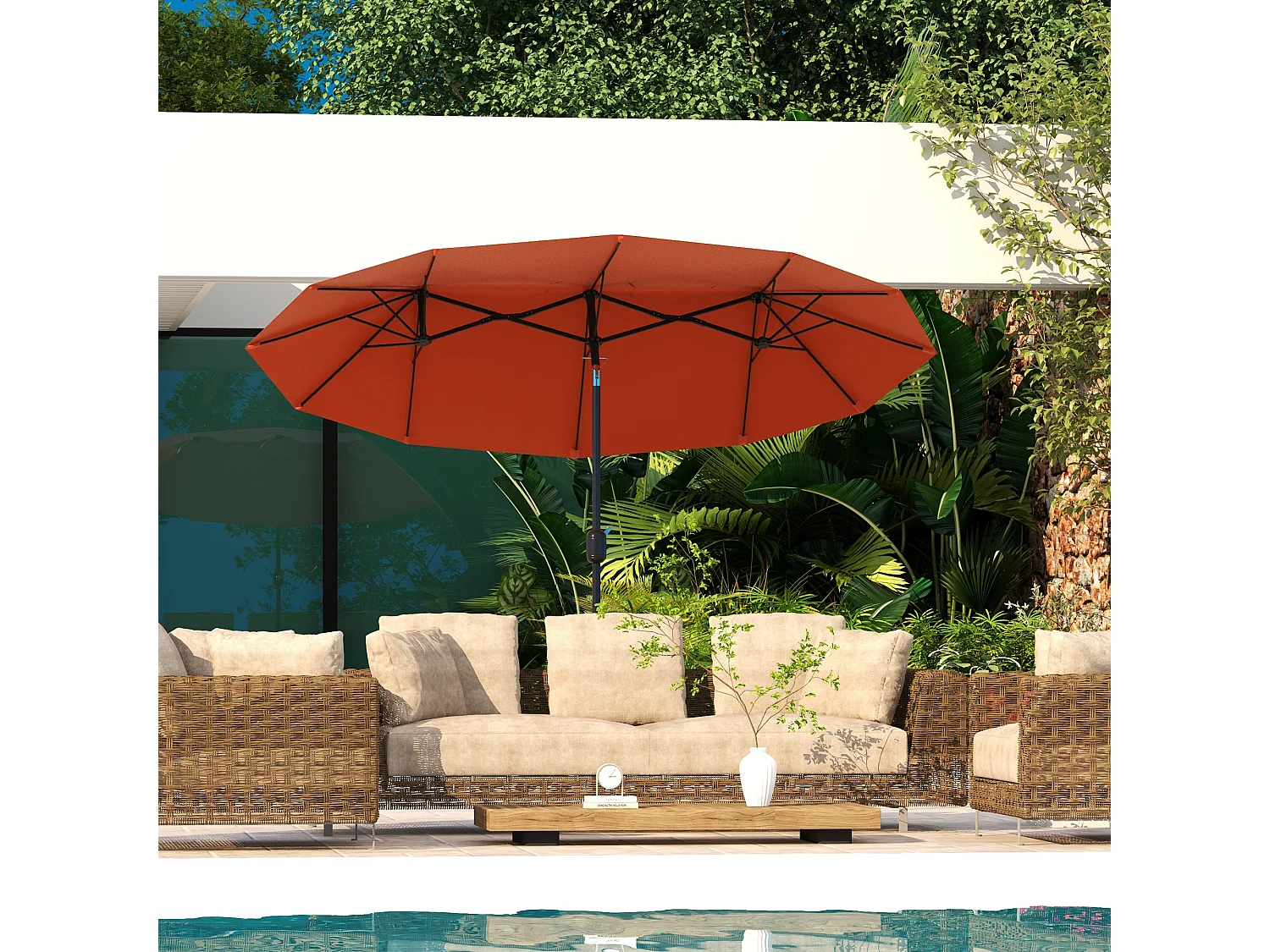 Ombrellone da giardino doppio e manovella 295x152x222cm rosso