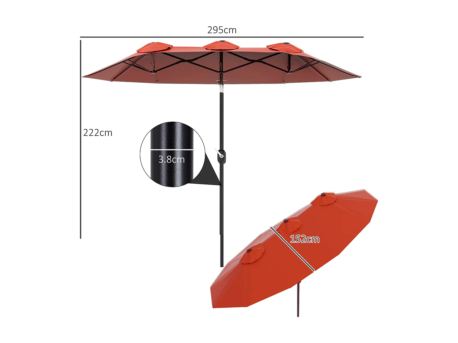 Ombrellone da giardino doppio e manovella 295x152x222cm rosso