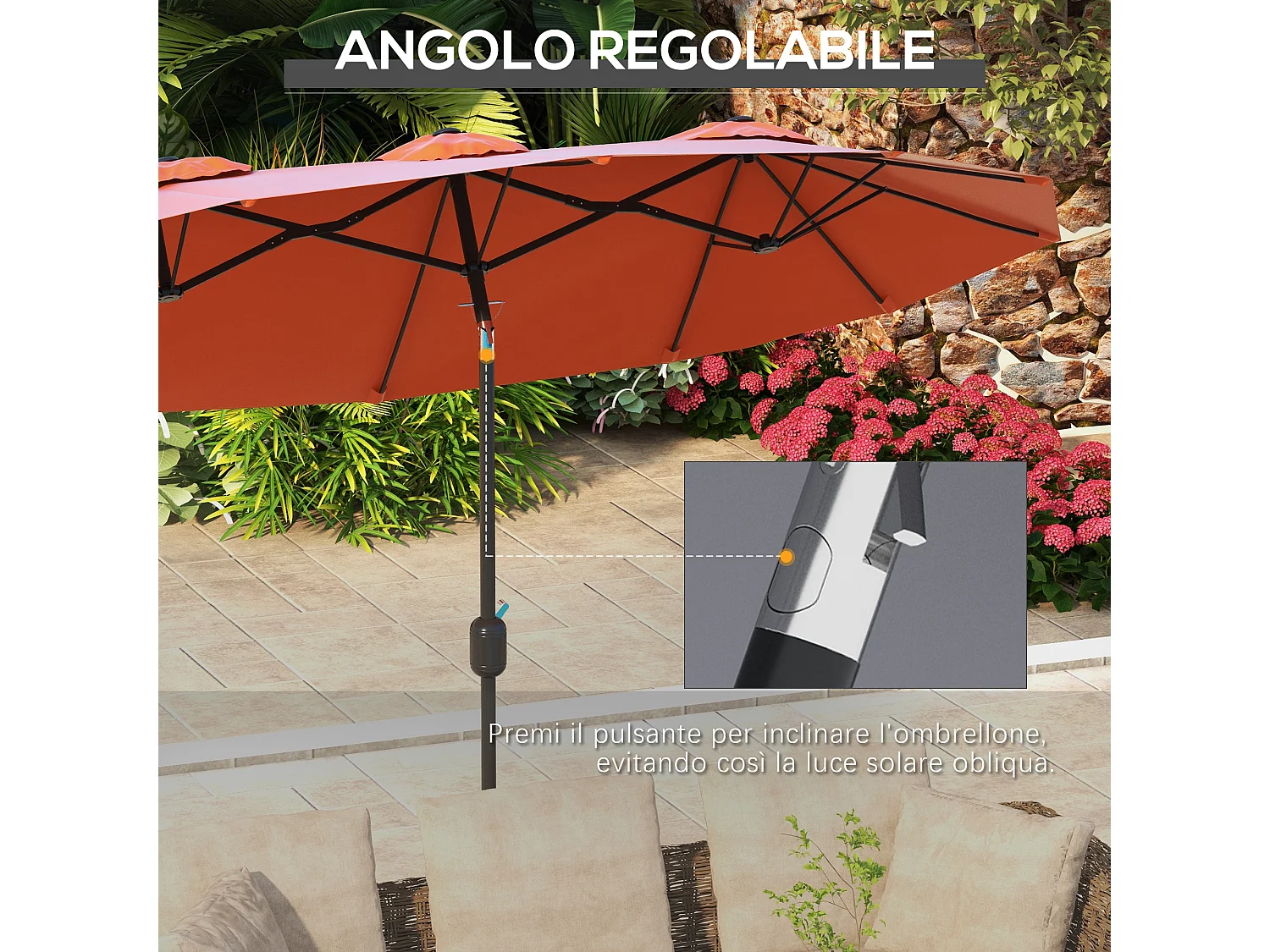 Ombrellone da giardino doppio e manovella 295x152x222cm rosso