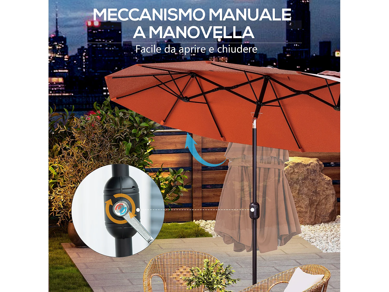 Ombrellone da giardino doppio e manovella 295x152x222cm rosso