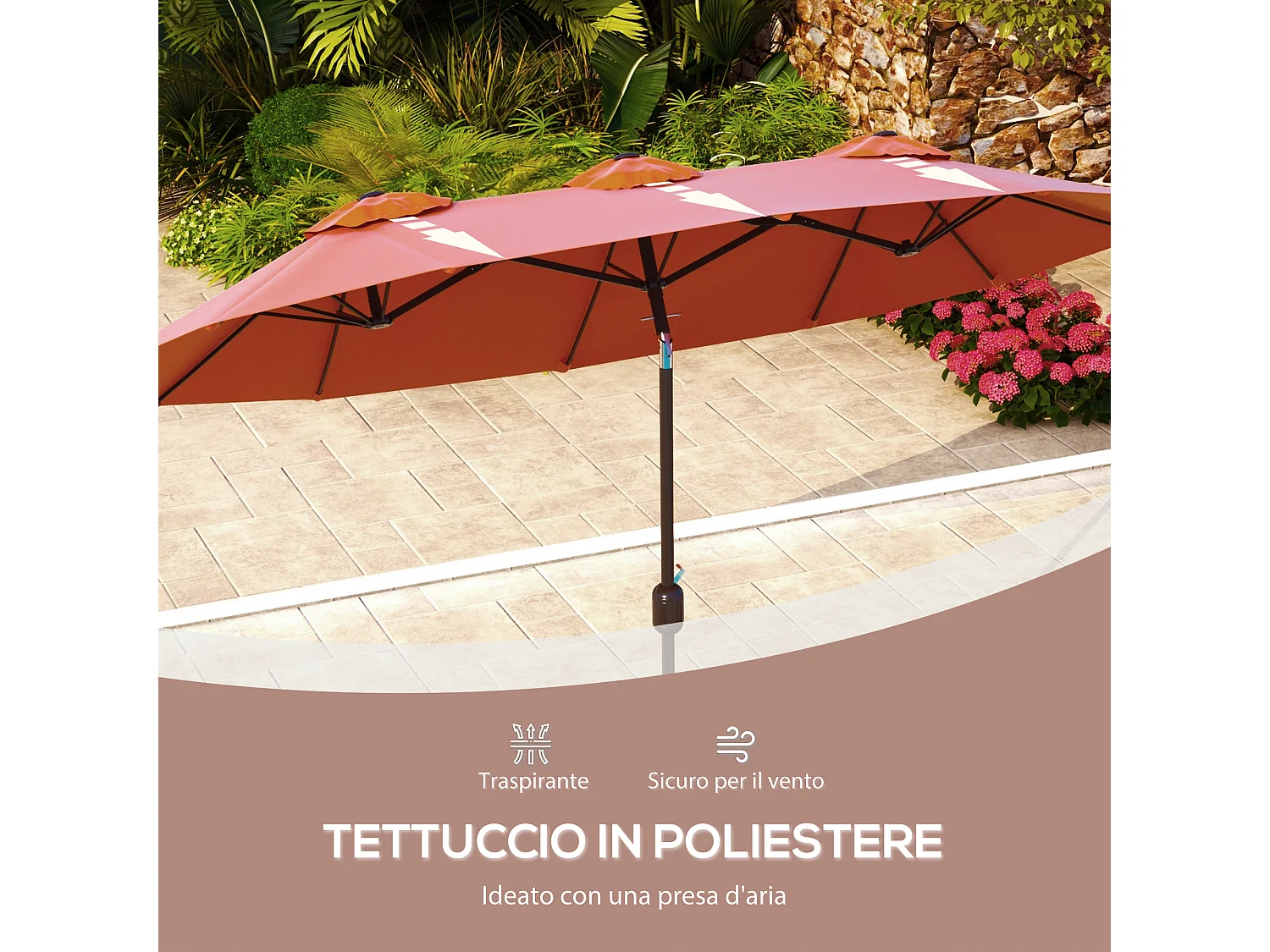 Ombrellone da giardino doppio e manovella 295x152x222cm rosso