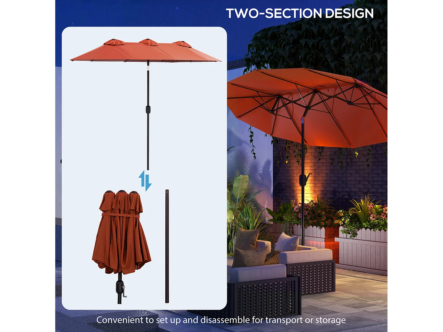 Ombrellone da giardino doppio e manovella 295x152x222cm rosso