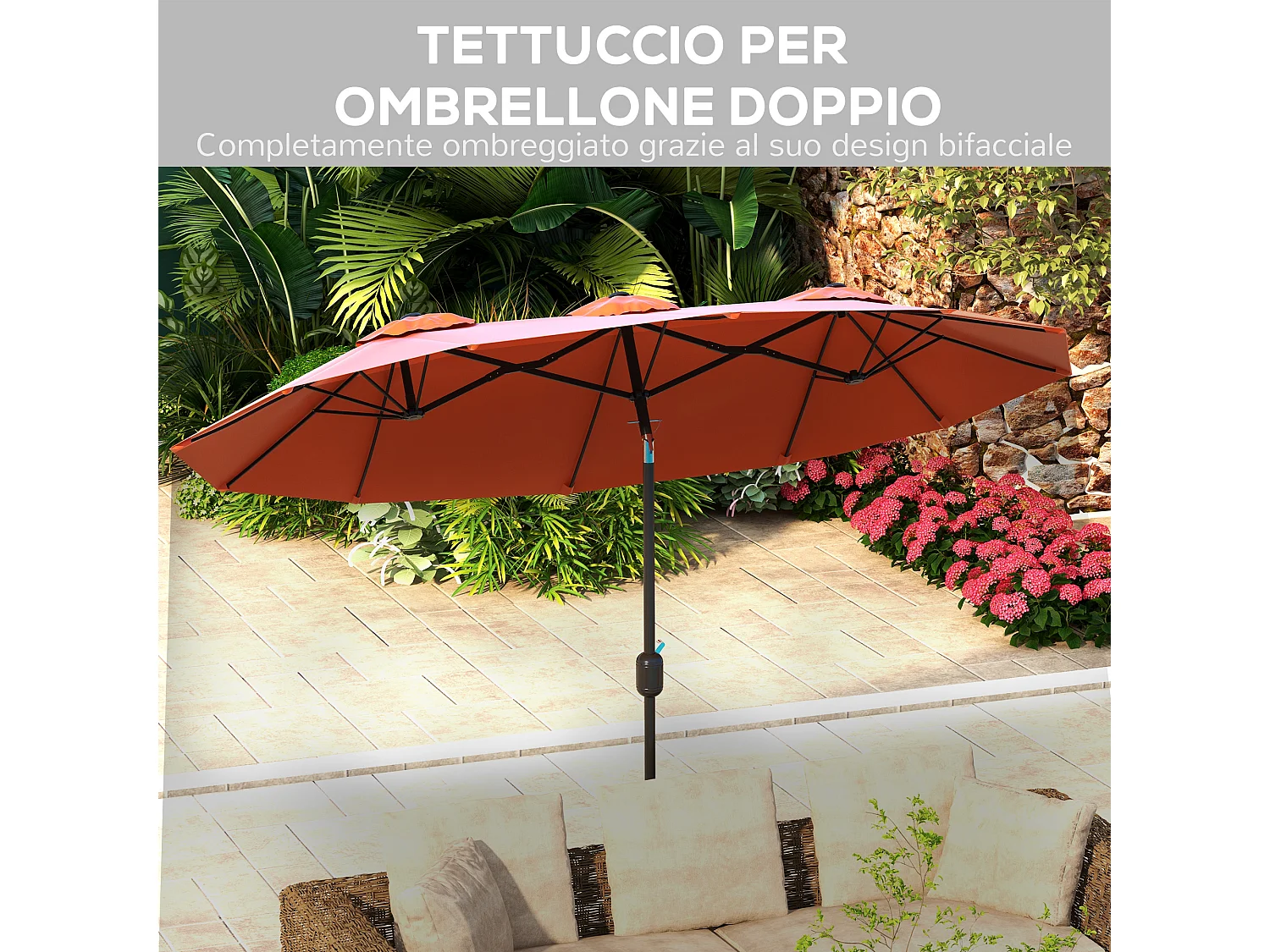 Ombrellone da giardino doppio e manovella 295x152x222cm rosso
