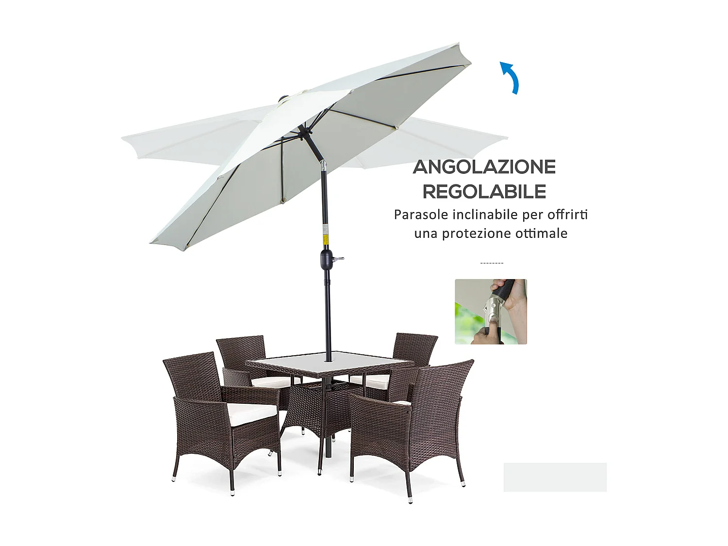 Ombrellone rotondo a manovella regolabile su 3 angolazioni crema