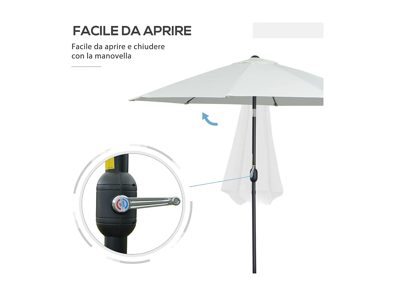 Ombrellone rotondo a manovella regolabile su 3 angolazioni crema