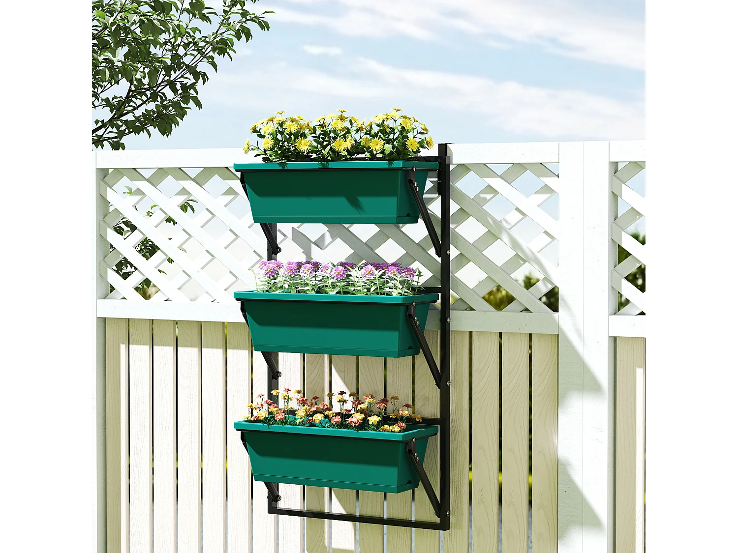 Fioriera verticale da esterno con 3 vasi in plastica verde