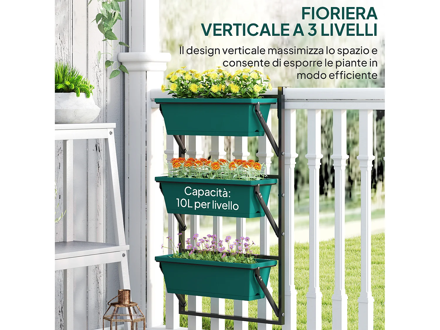 Fioriera verticale da esterno con 3 vasi in plastica verde