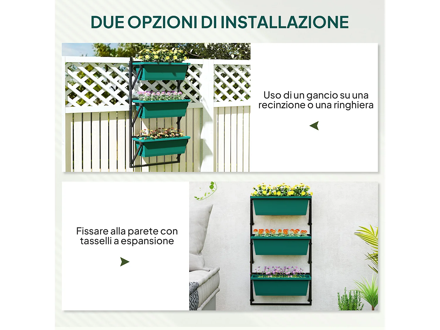 Fioriera verticale da esterno con 3 vasi in plastica verde