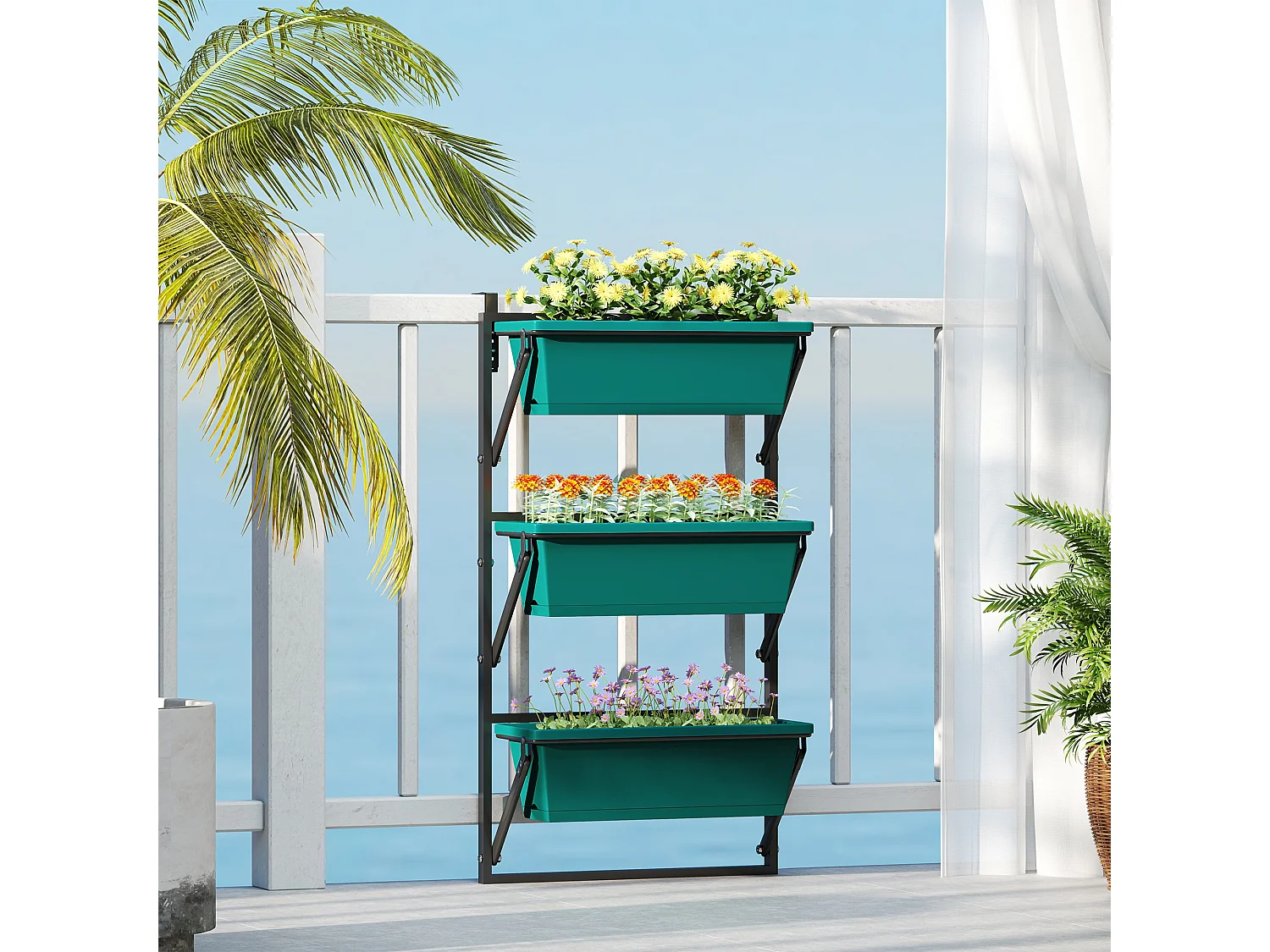 Fioriera verticale da esterno con 3 vasi in plastica verde