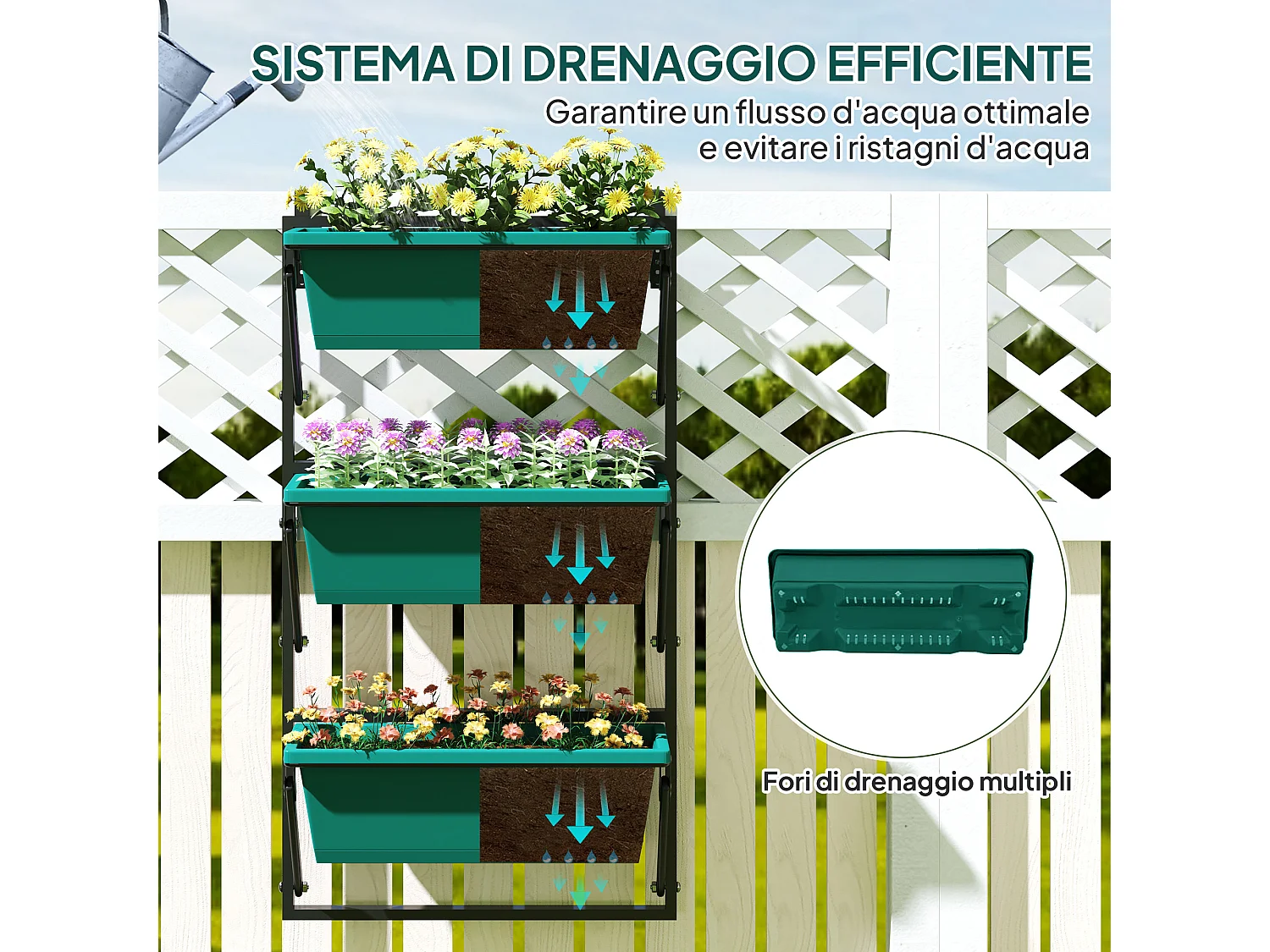 Fioriera verticale da esterno con 3 vasi in plastica verde