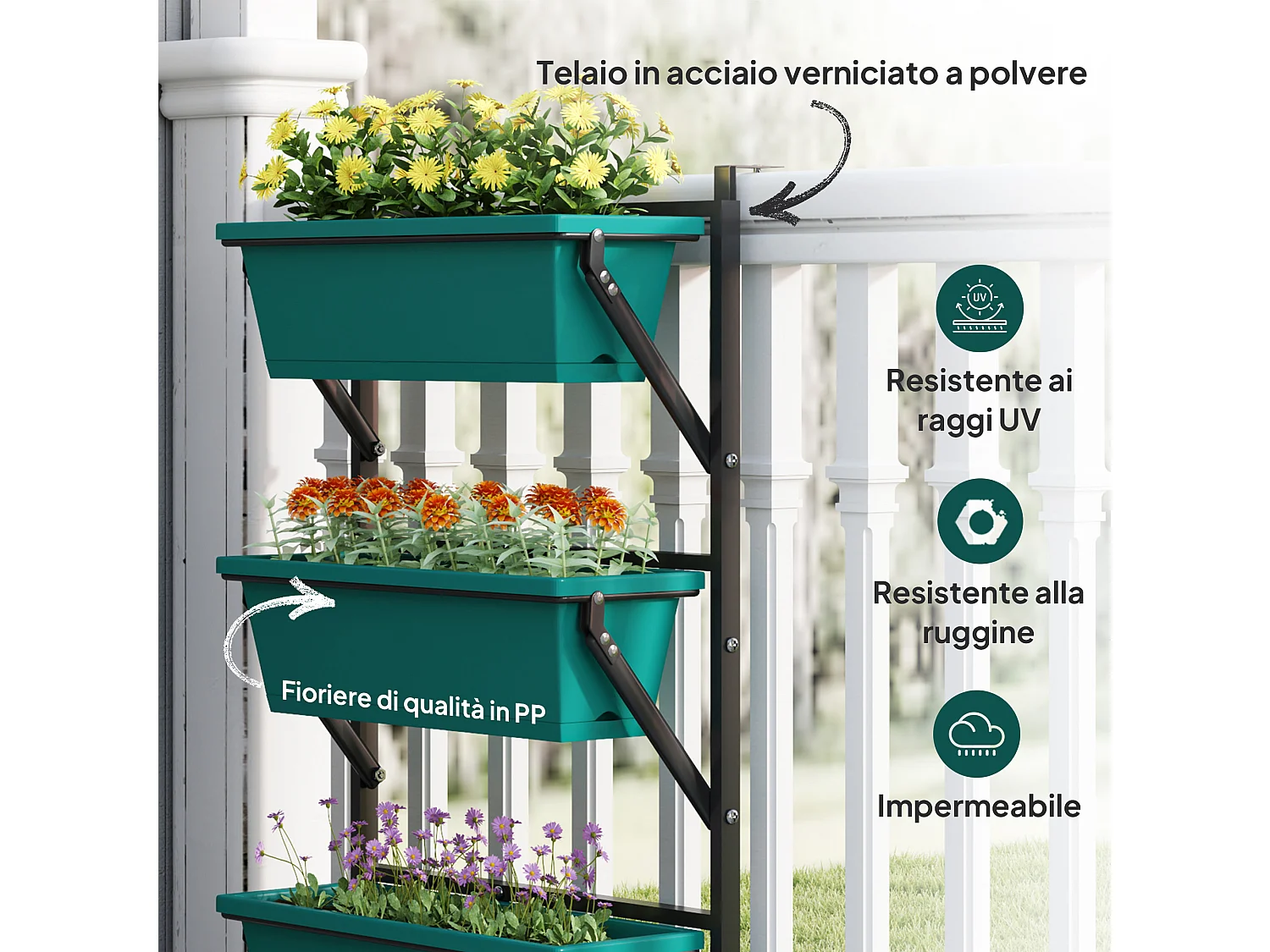 Fioriera verticale da esterno con 3 vasi in plastica verde