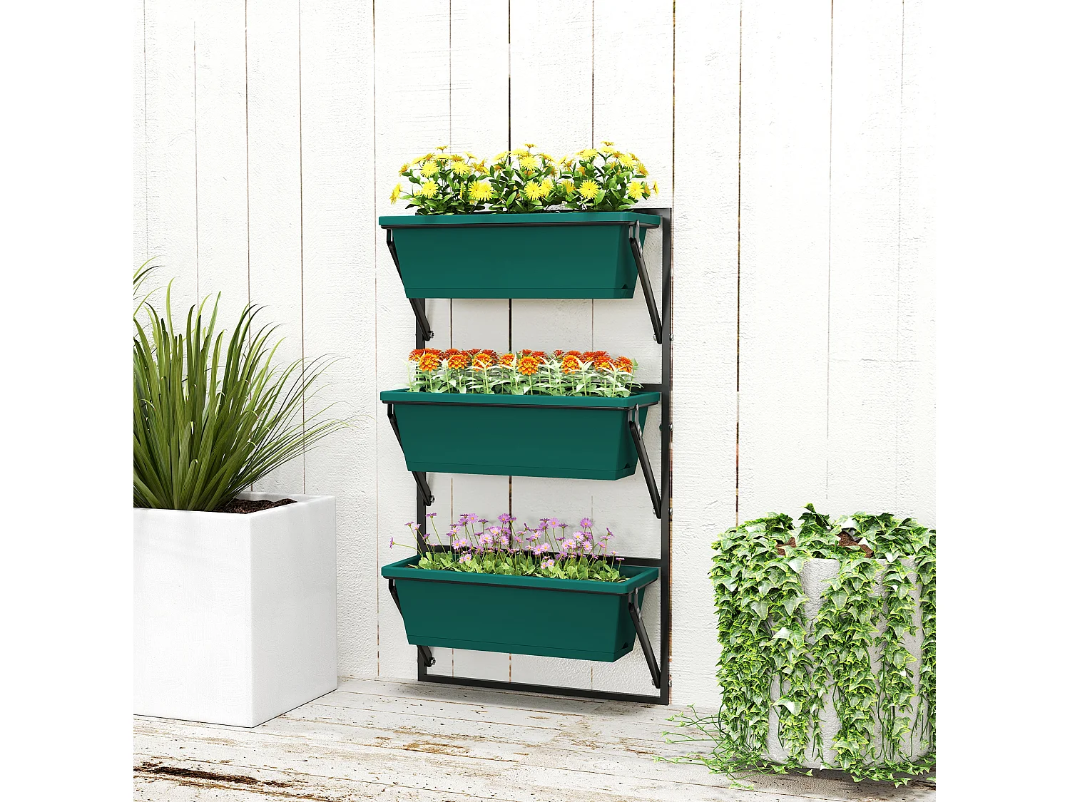 Fioriera verticale da esterno con 3 vasi in plastica verde