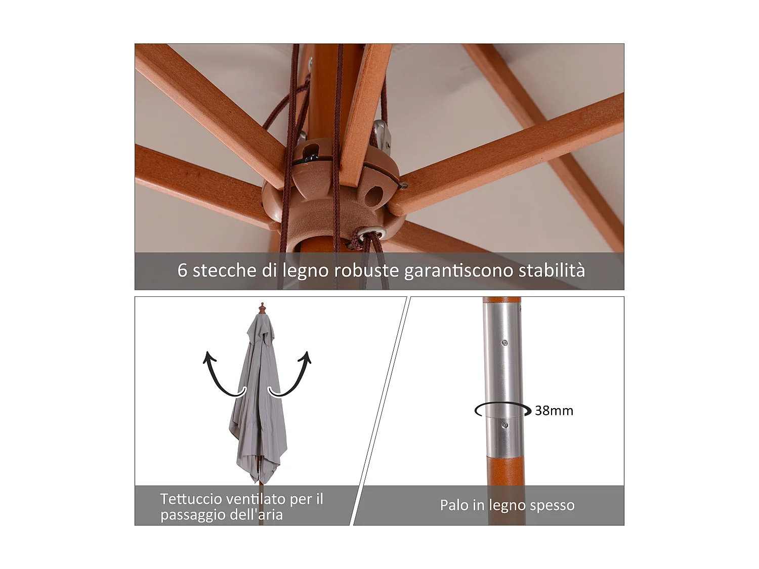 Ombrellone da giardino inclinabile 2x1.5m a 6 stecche grigio