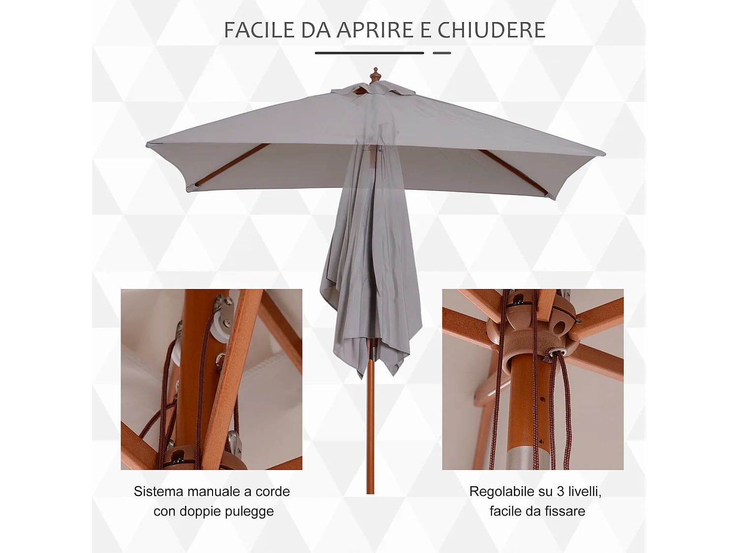 Ombrellone da giardino inclinabile 2x1.5m a 6 stecche grigio