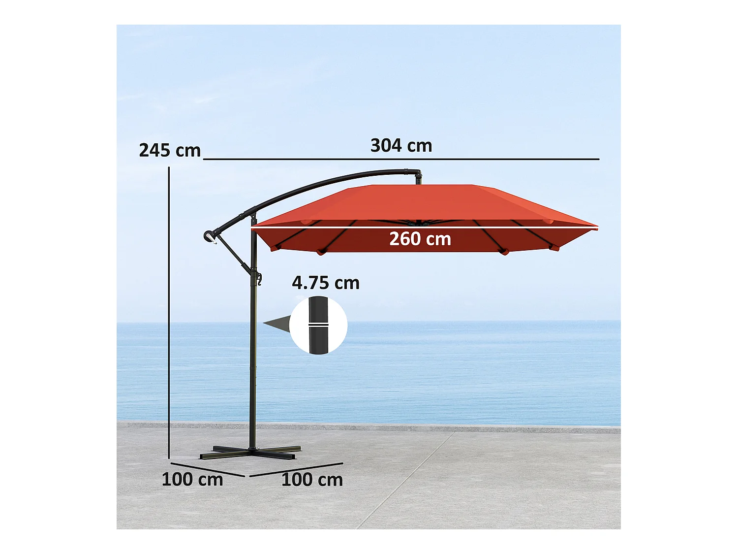 Ombrellone a sbalzo con copertura regolabile e base a croce bordeaux