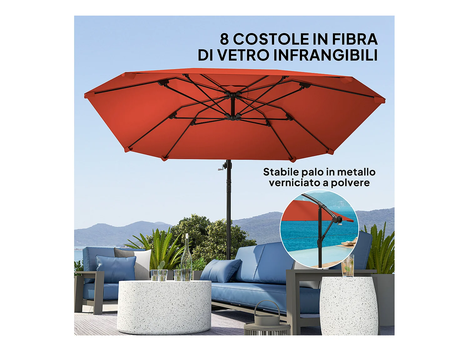 Ombrellone a sbalzo con copertura regolabile e base a croce bordeaux