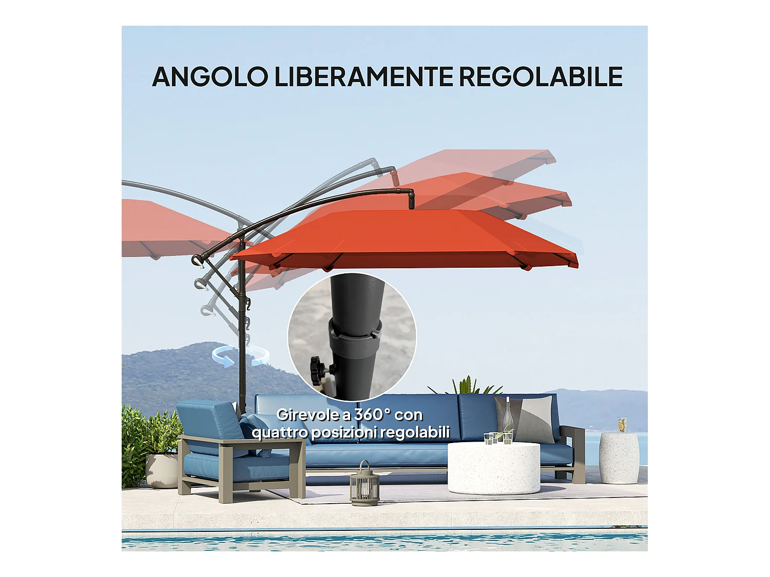 Ombrellone a sbalzo con copertura regolabile e base a croce bordeaux