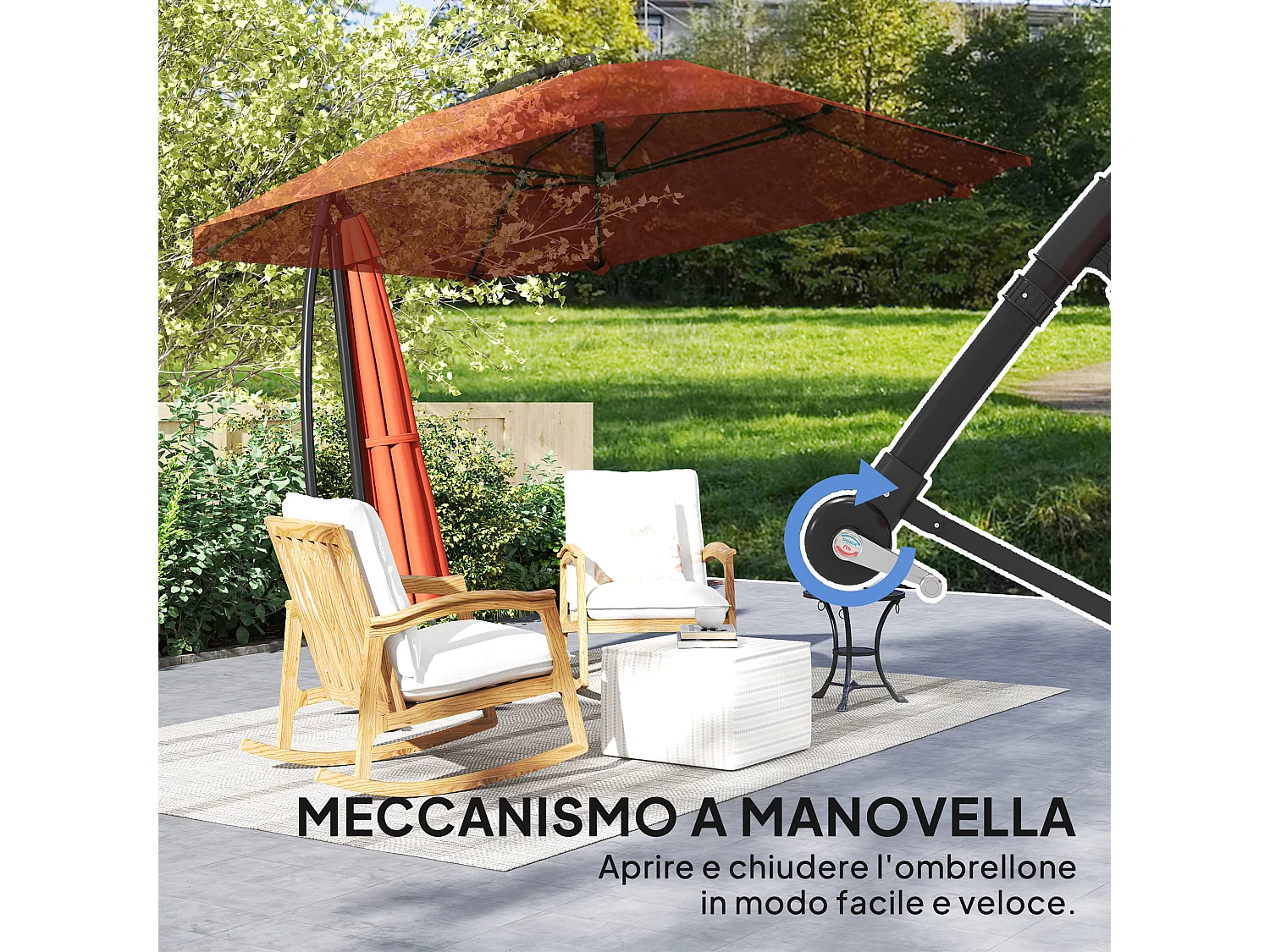 Ombrellone a sbalzo con copertura regolabile e base a croce bordeaux