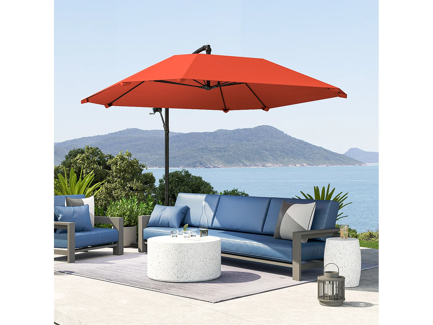 Ombrellone a sbalzo con copertura regolabile e base a croce bordeaux