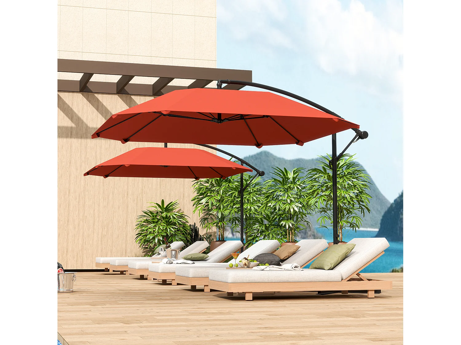 Ombrellone a sbalzo con copertura regolabile e base a croce bordeaux