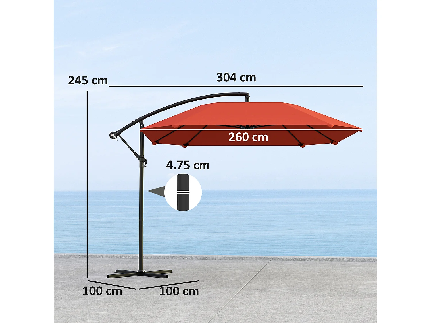 Ombrellone a sbalzo con copertura regolabile e base a croce bordeaux