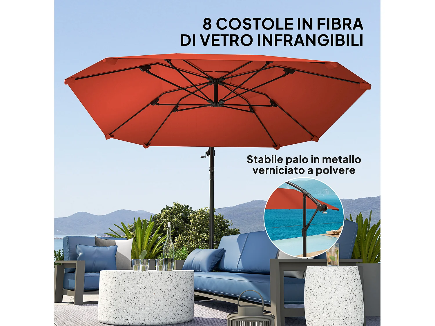 Ombrellone a sbalzo con copertura regolabile e base a croce bordeaux