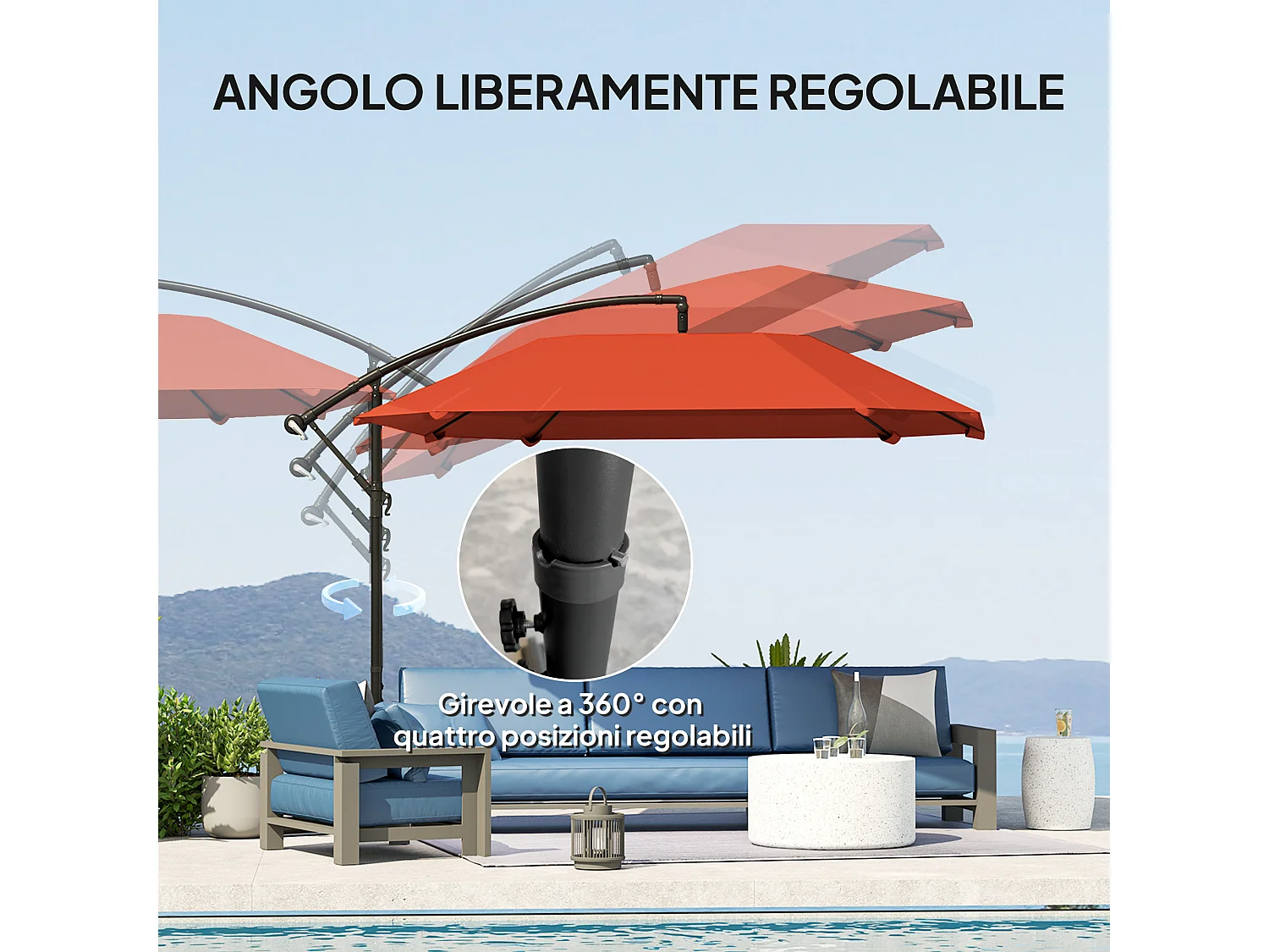 Ombrellone a sbalzo con copertura regolabile e base a croce bordeaux