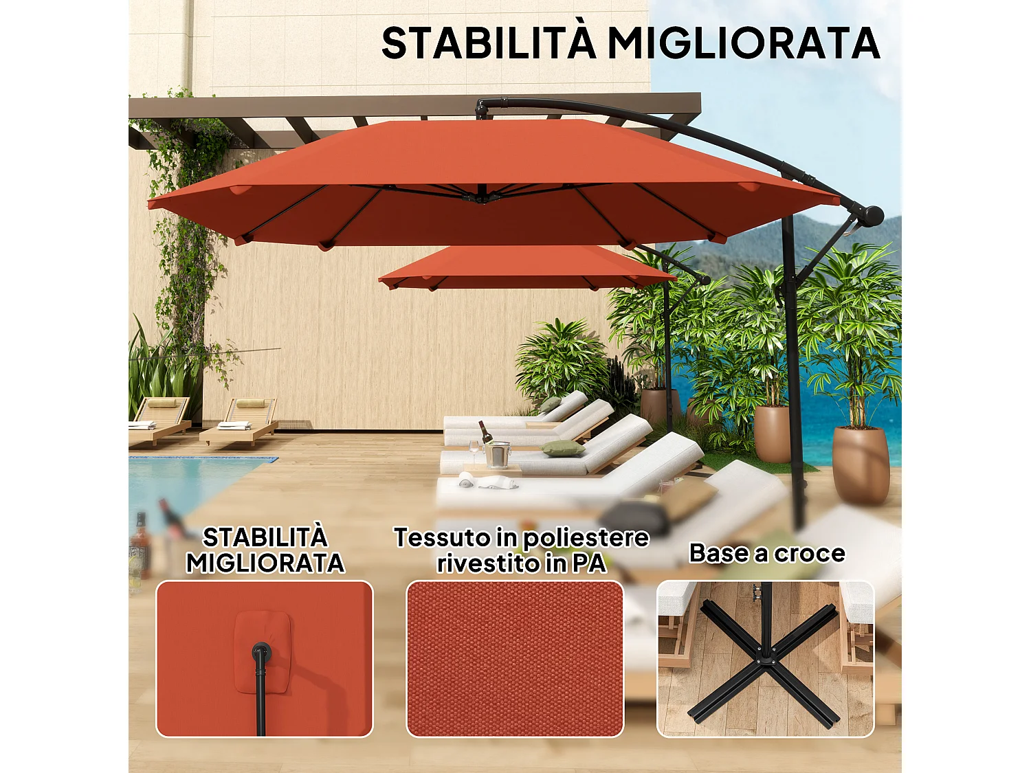 Ombrellone a sbalzo con copertura regolabile e base a croce bordeaux