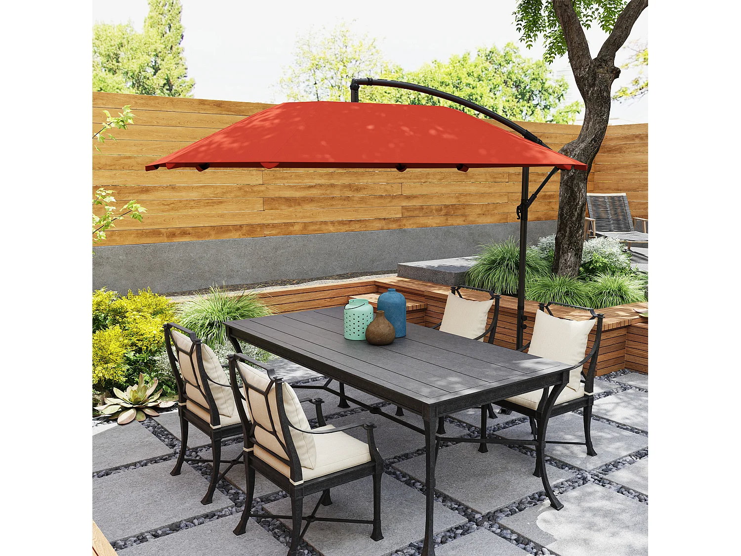 Ombrellone a sbalzo con copertura regolabile e base a croce bordeaux