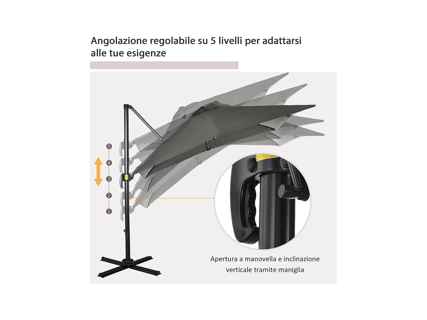 Ombrellone da giardino ad angolazione regolabile su 5 livelli