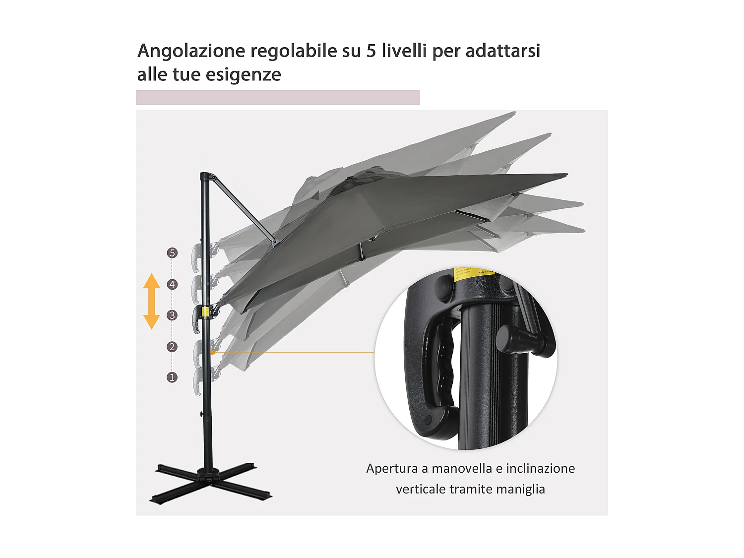 Ombrellone da giardino ad angolazione regolabile su 5 livelli