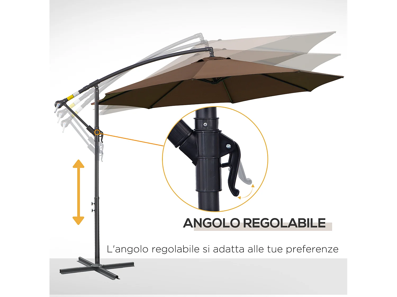 Ombrellone decentrato ø3x2.5 m con base a croce e manovella caffè