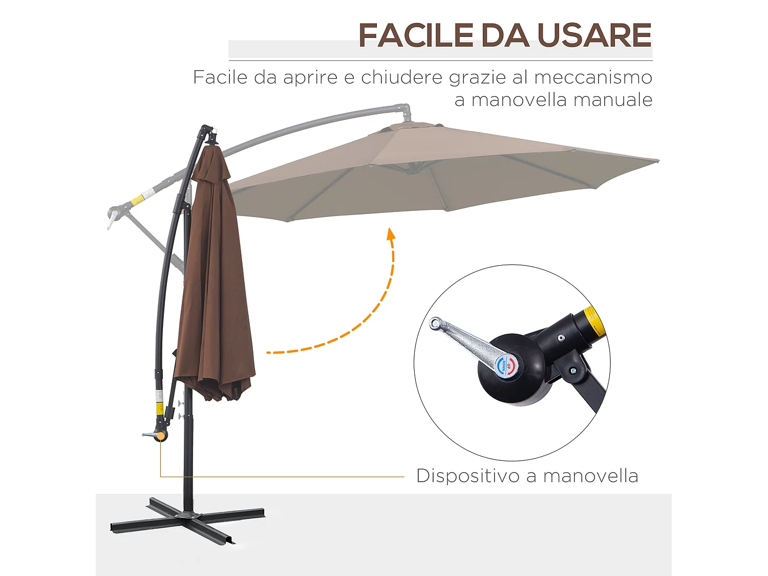 Ombrellone decentrato ø3x2.5 m con base a croce e manovella caffè