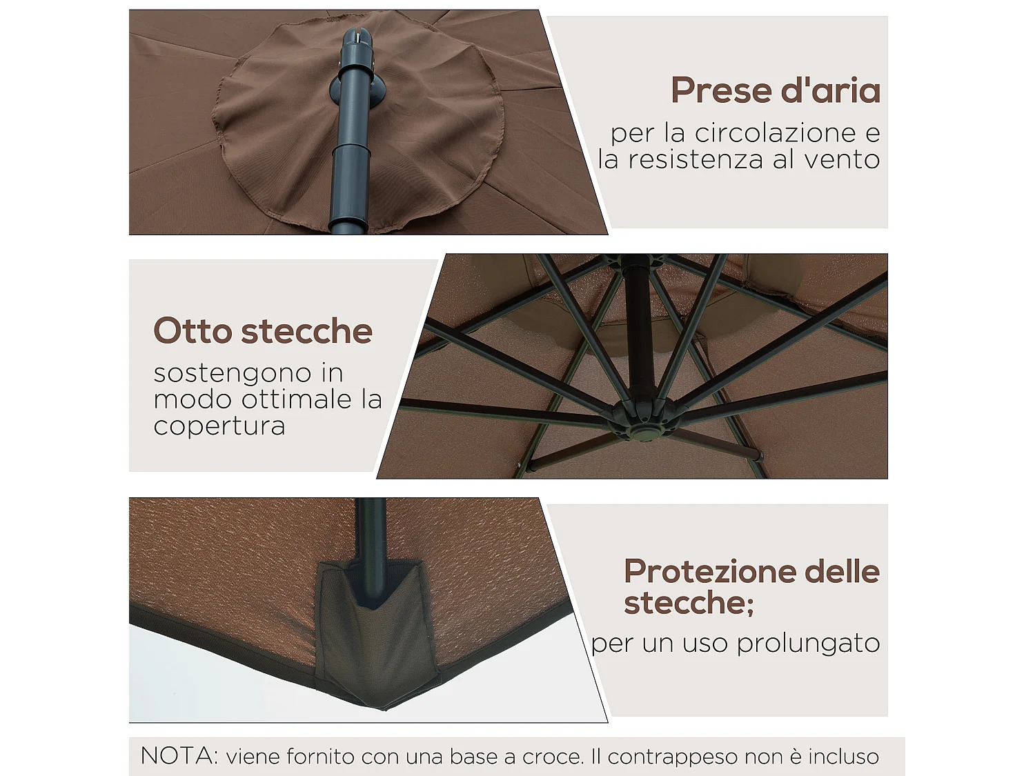 Ombrellone decentrato ø3x2.5 m con base a croce e manovella caffè