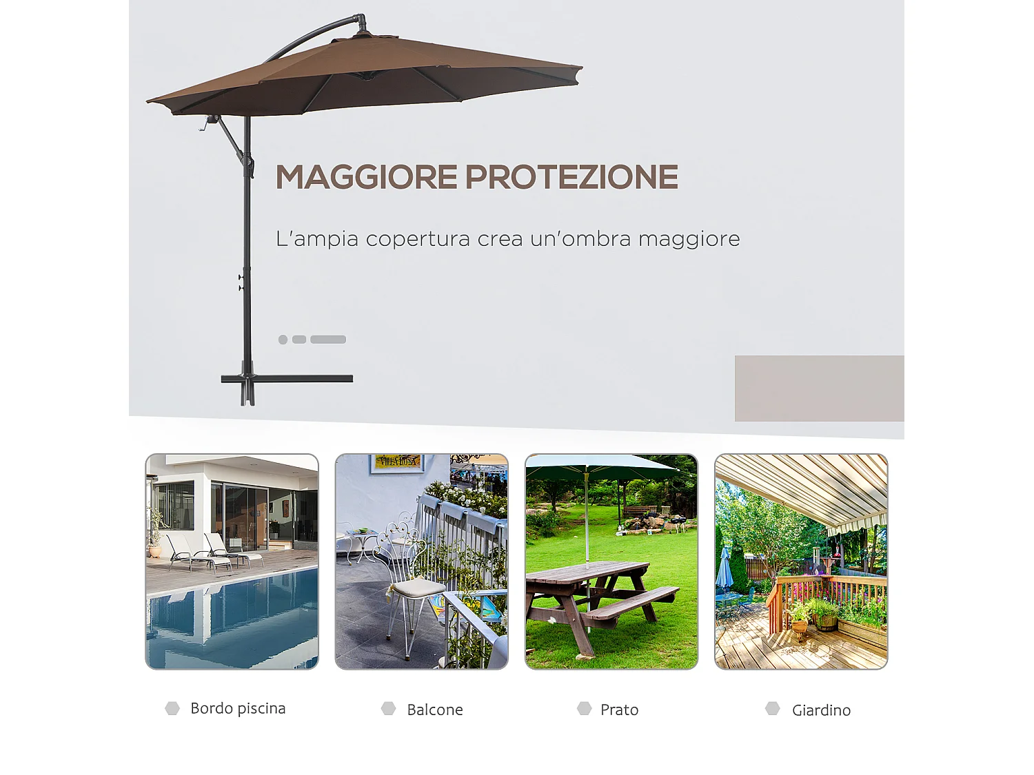 Ombrellone decentrato ø3x2.5 m con base a croce e manovella caffè