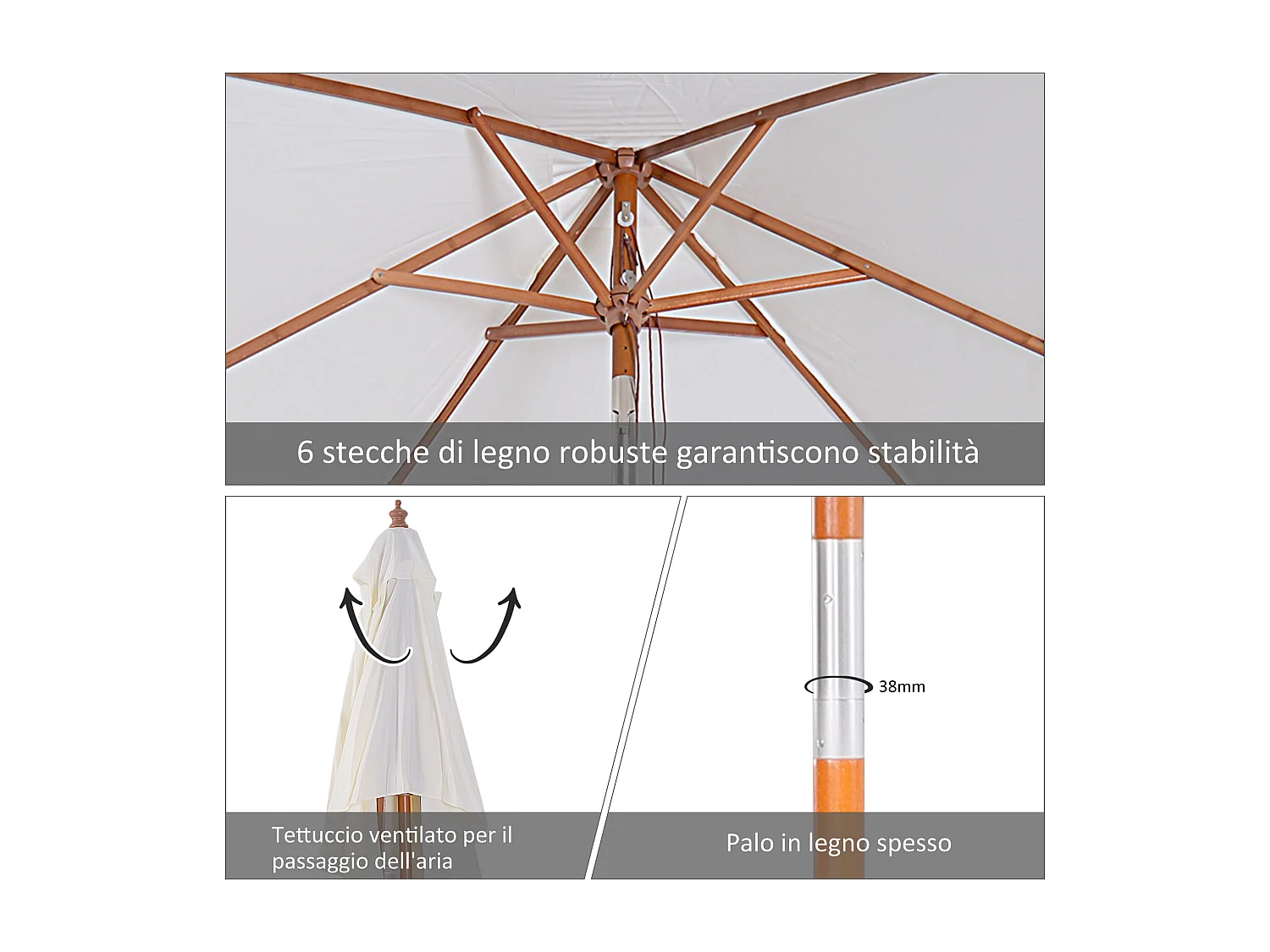 Ombrellone da giardino inclinabile 2x1.5m a 6 stecche beige