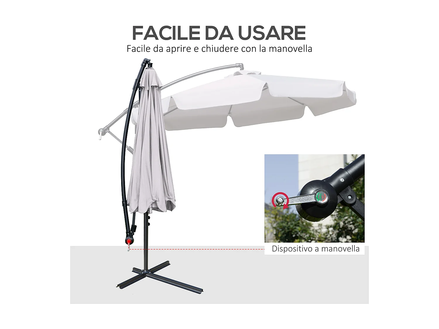 Ombrellone da giardino a braccio inclinabile con manovella grigio