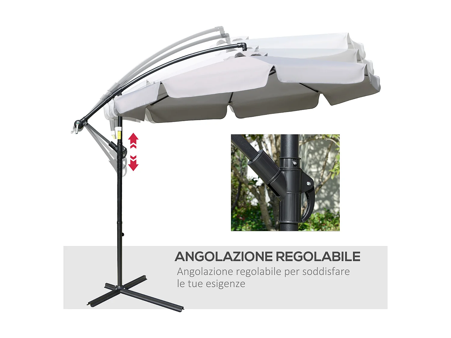 Ombrellone da giardino a braccio inclinabile con manovella grigio