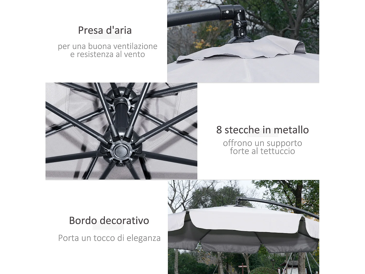 Ombrellone da giardino a braccio inclinabile con manovella grigio