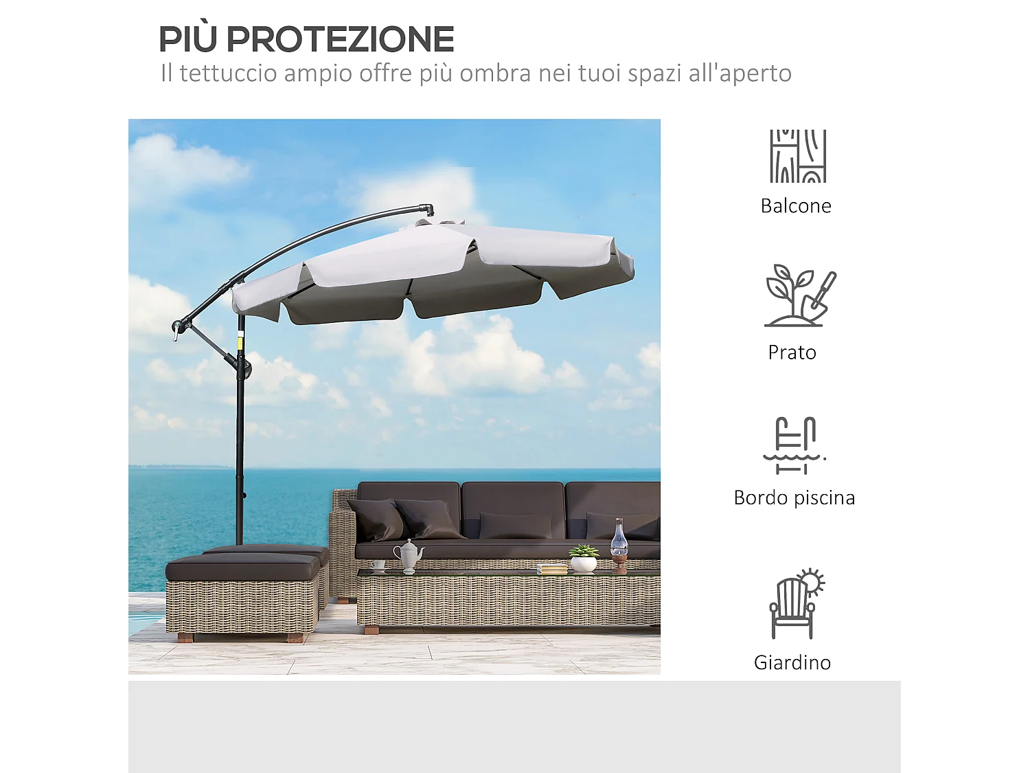 Ombrellone da giardino a braccio inclinabile con manovella grigio