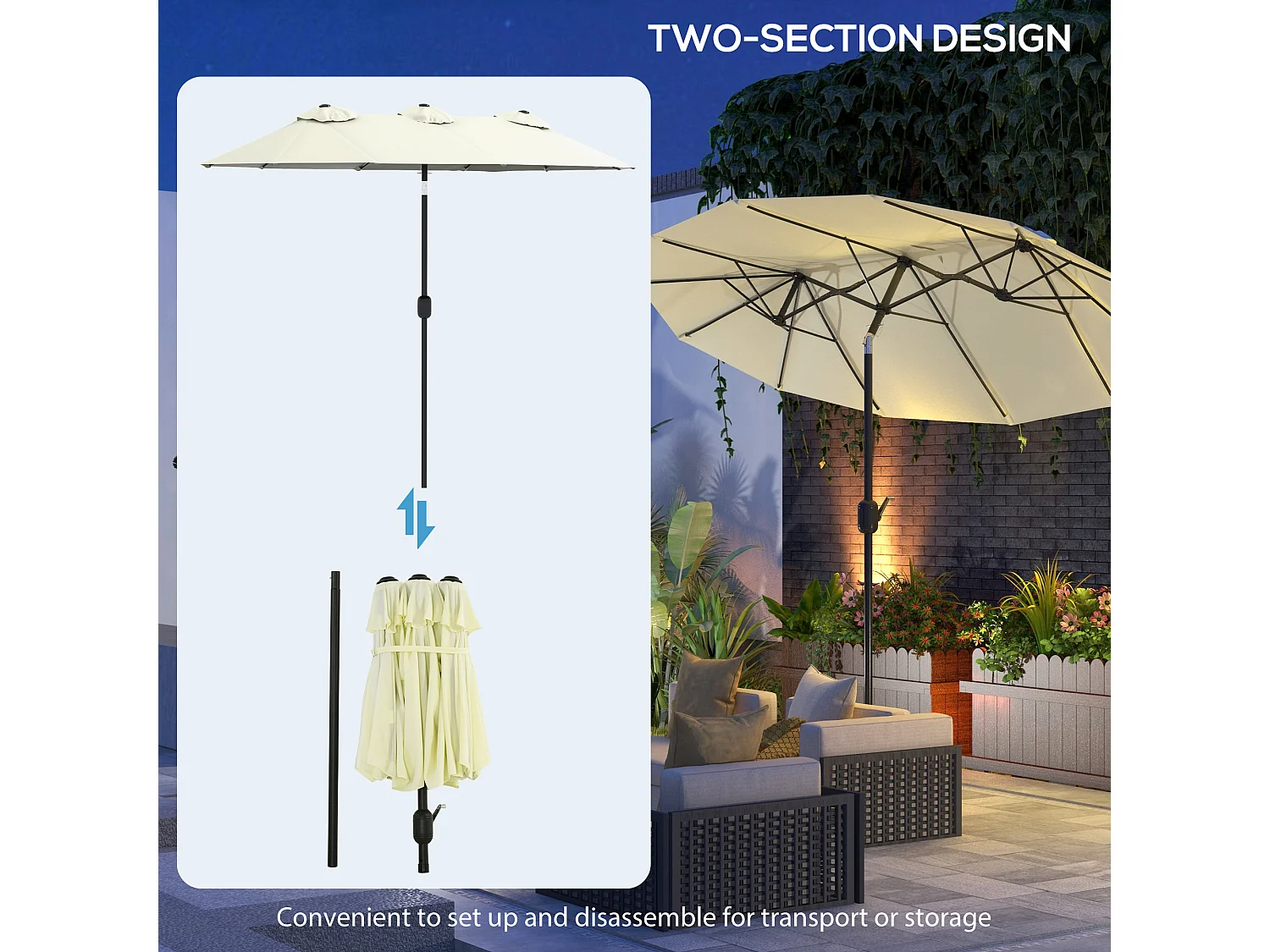 Ombrellone giardino doppio e manovella 285x147x227cm beige