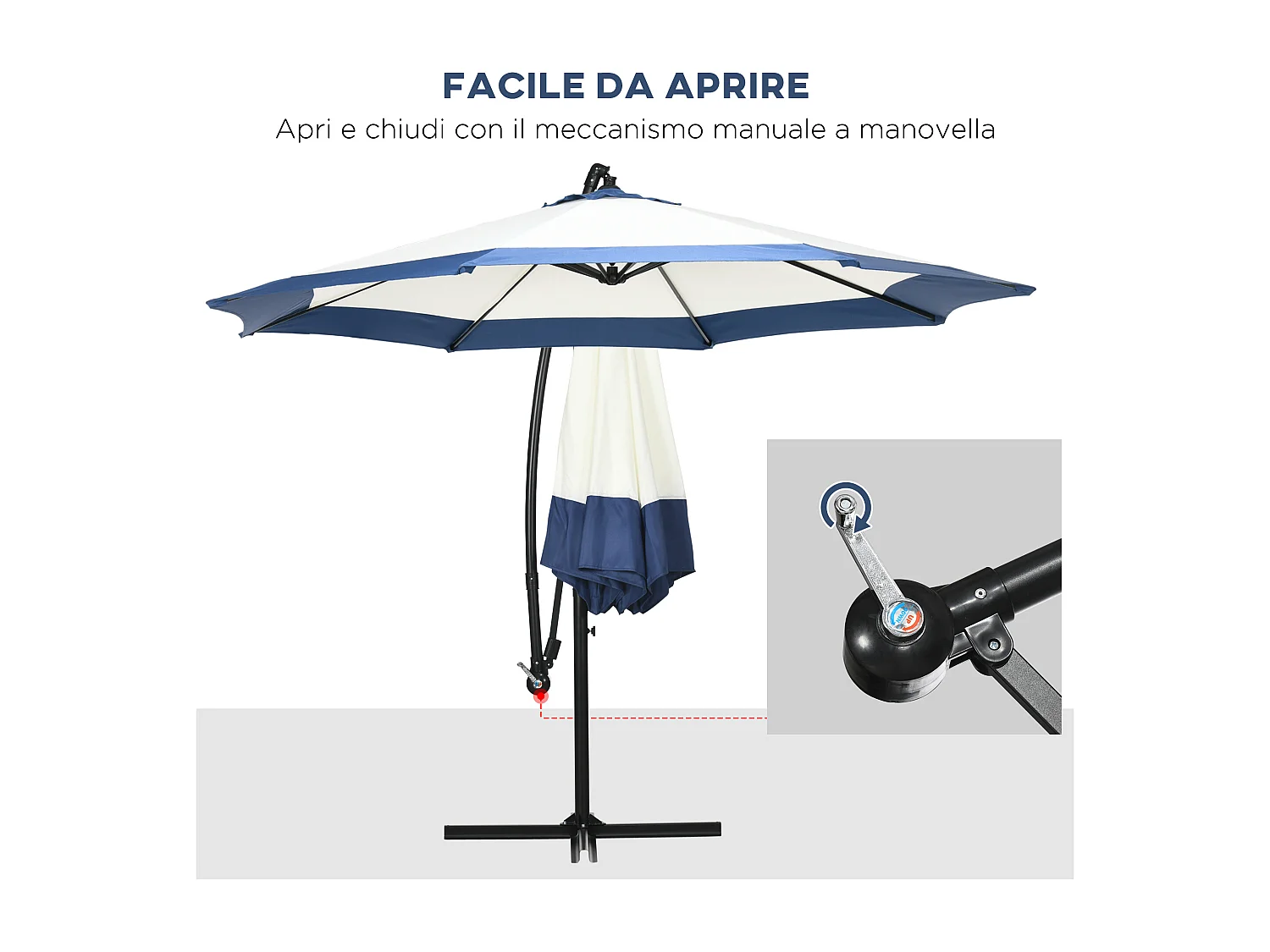 Ombrellone da giardino 3x2 m a braccio con base a croce blu e crema