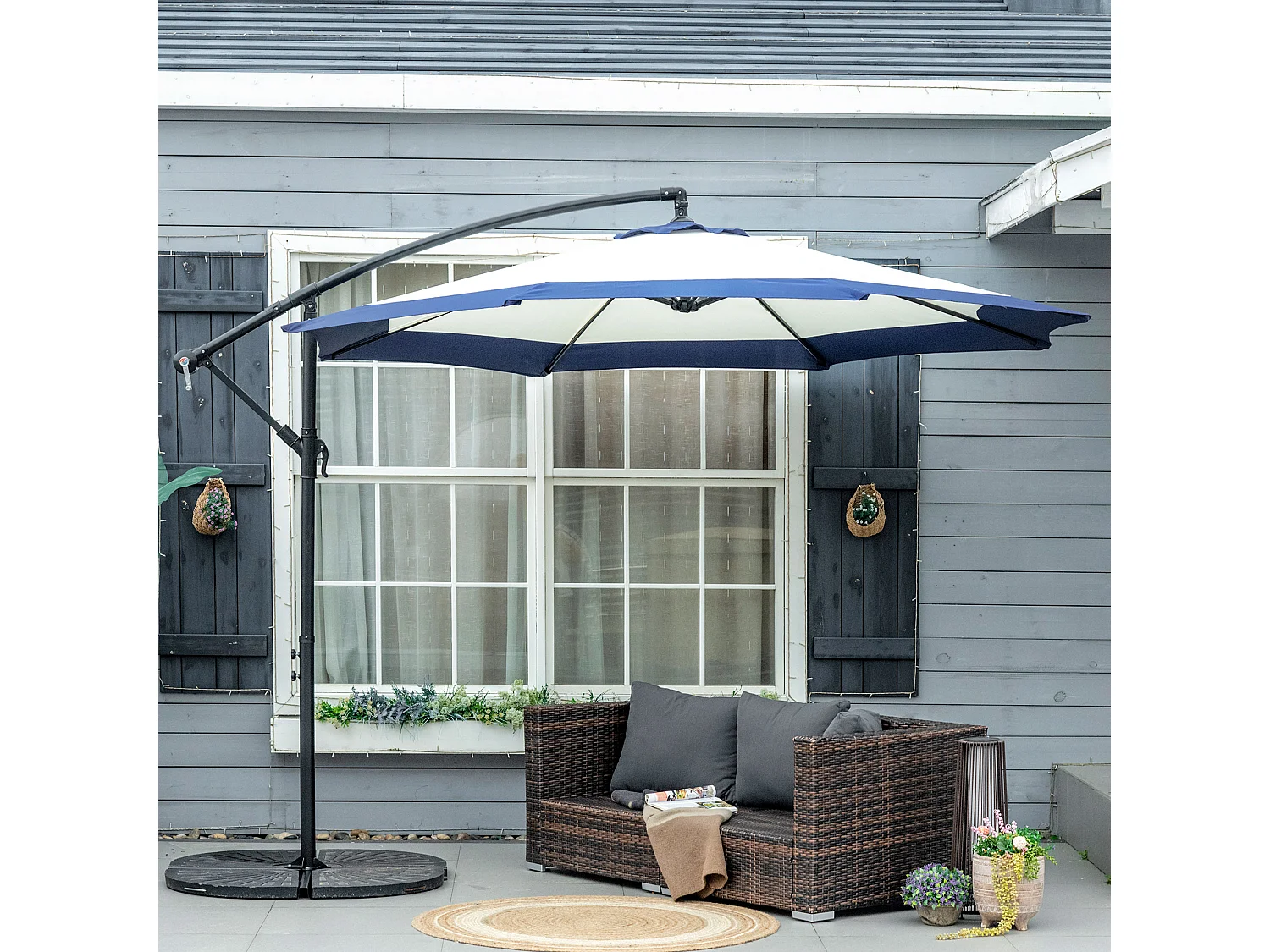 Ombrellone da giardino 3x2 m a braccio con base a croce blu e crema