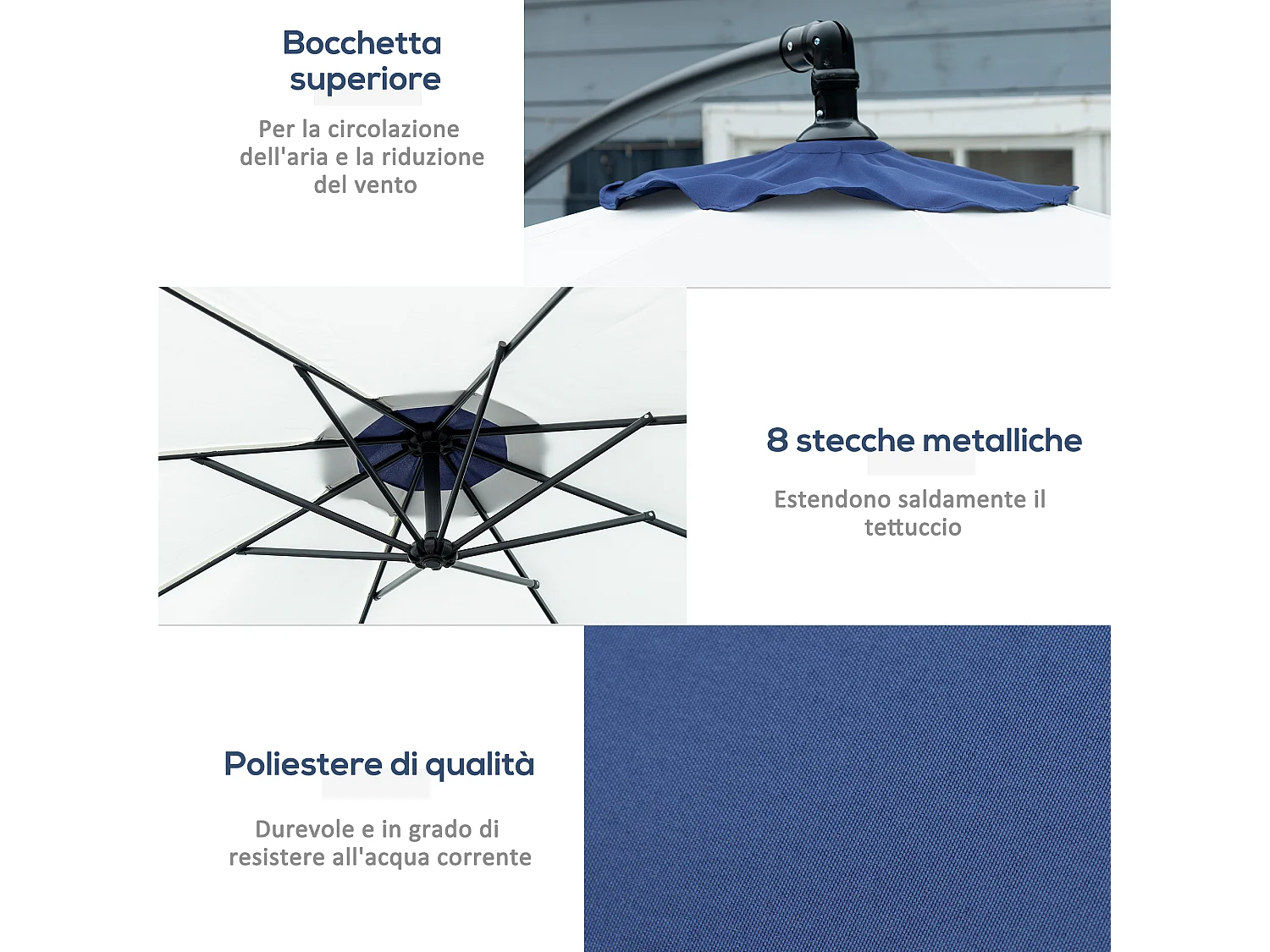 Ombrellone da giardino 3x2 m a braccio con base a croce blu e crema